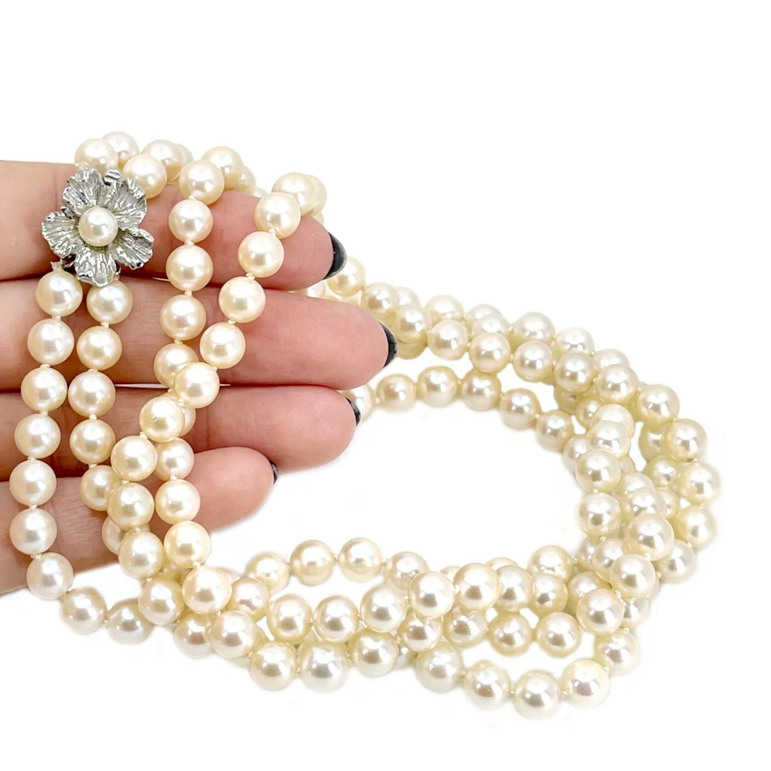 Vintage Japanese Saltewater Akoya Cultured Pearl Double Strand Floral Necklace - 14K White Gold 24.50 & 25.50 Inch