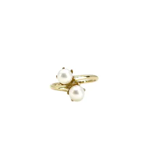 Vintage Japanese Saltwater Akoya Pearl Double Bypass Ring - 10K Yellow Gold Size 6.50