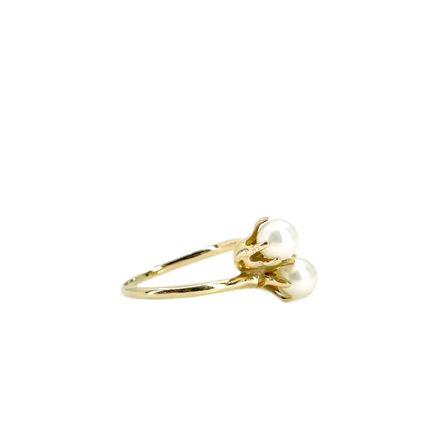 Vintage Japanese Saltwater Akoya Pearl Double Bypass Ring - 10K Yellow Gold Size 6.50