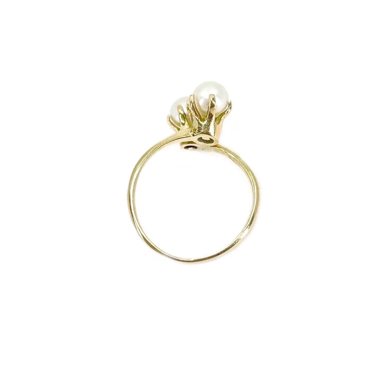 Vintage Japanese Saltwater Akoya Pearl Double Bypass Ring - 10K Yellow Gold Size 6.50