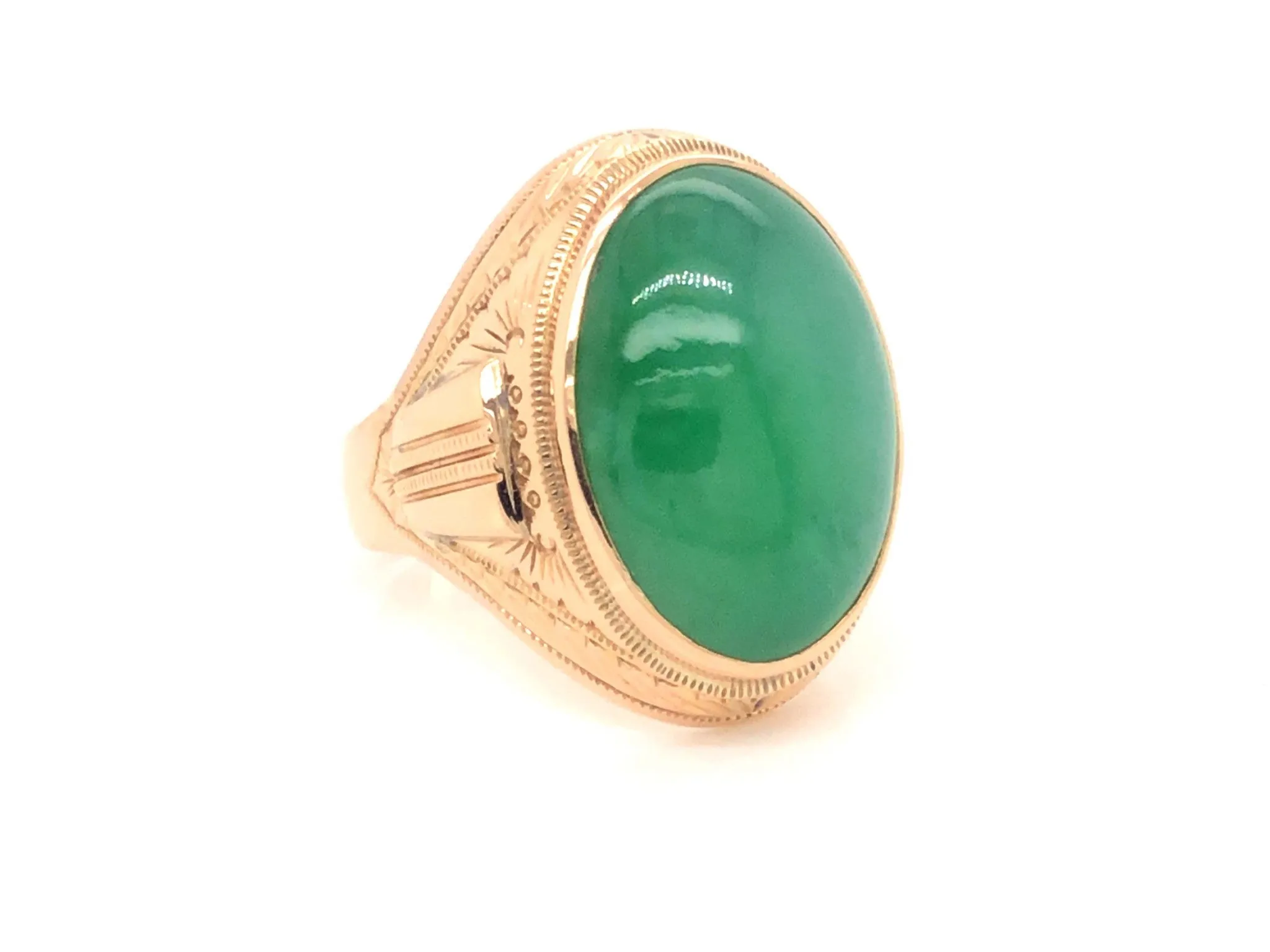 Vintage Men's Oval Cabochon Green Jade Ring - 14k Yellow Gold