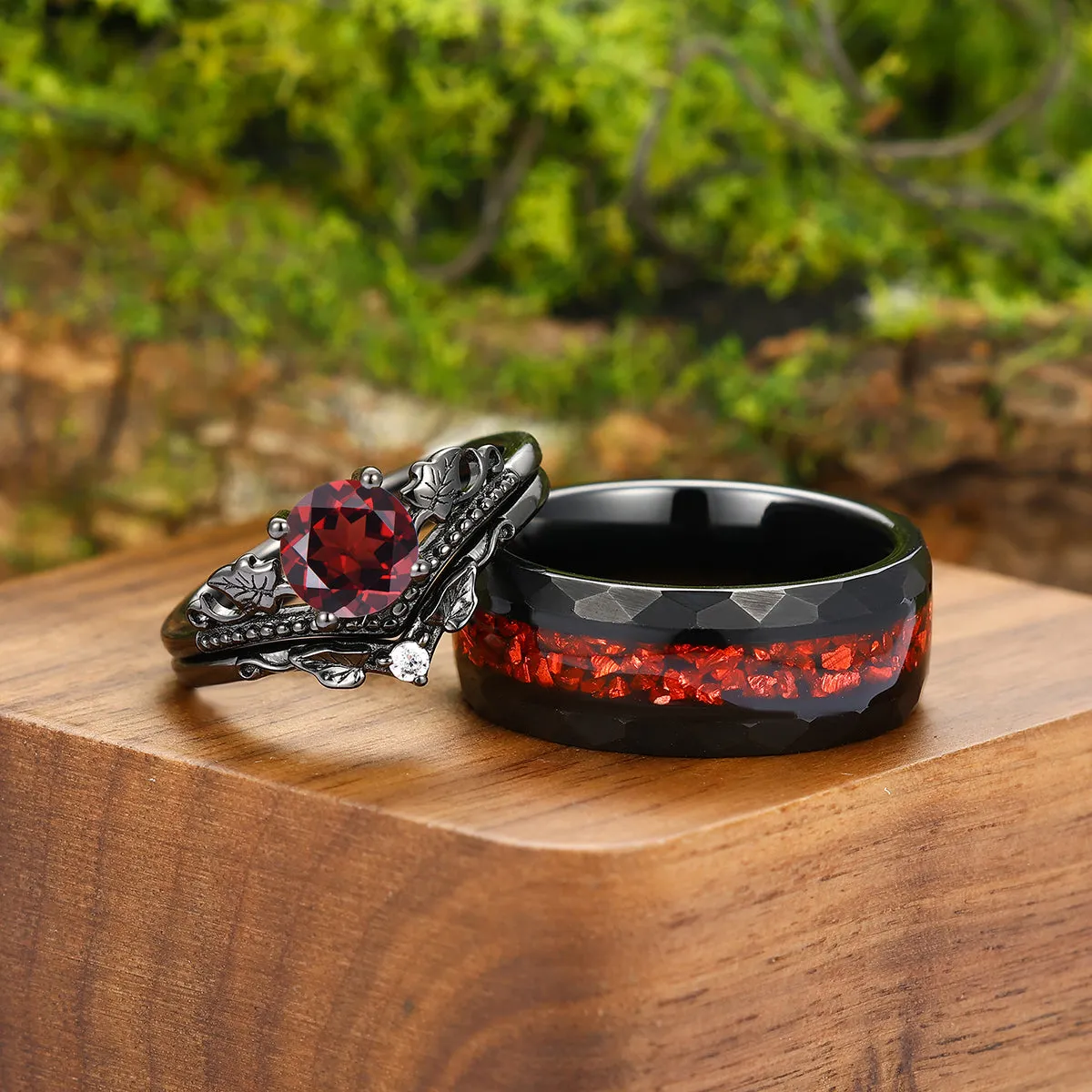 Vintage Red Garnet Maple Leaf Engagement Couple Rings Promise Tungsten Wedding Band Couples' Set