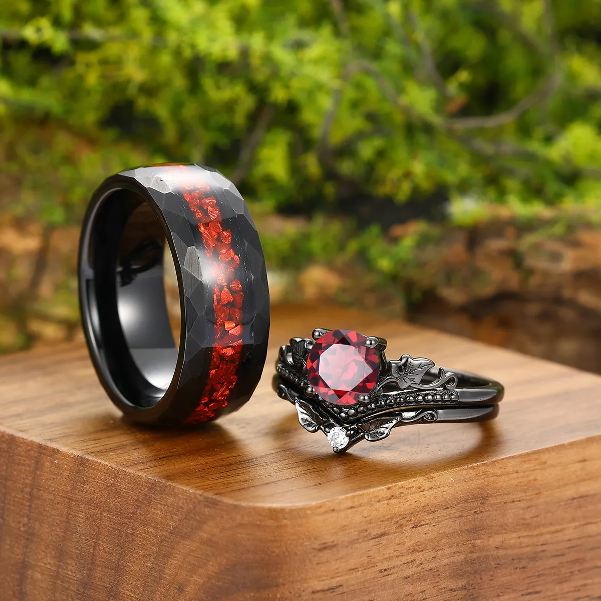 Vintage Red Garnet Maple Leaf Engagement Couple Rings Promise Tungsten Wedding Band Couples' Set