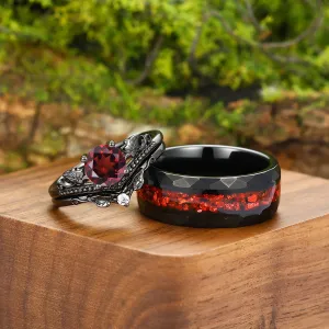 Vintage Red Garnet Maple Leaf Engagement Couple Rings Promise Tungsten Wedding Band Couples' Set