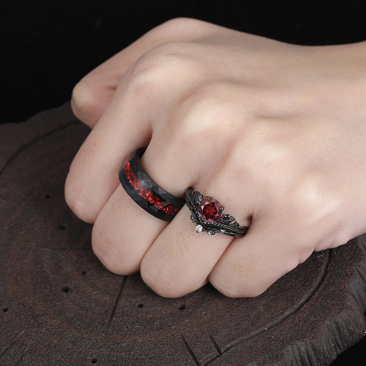 Vintage Red Garnet Maple Leaf Engagement Couple Rings Promise Tungsten Wedding Band Couples' Set