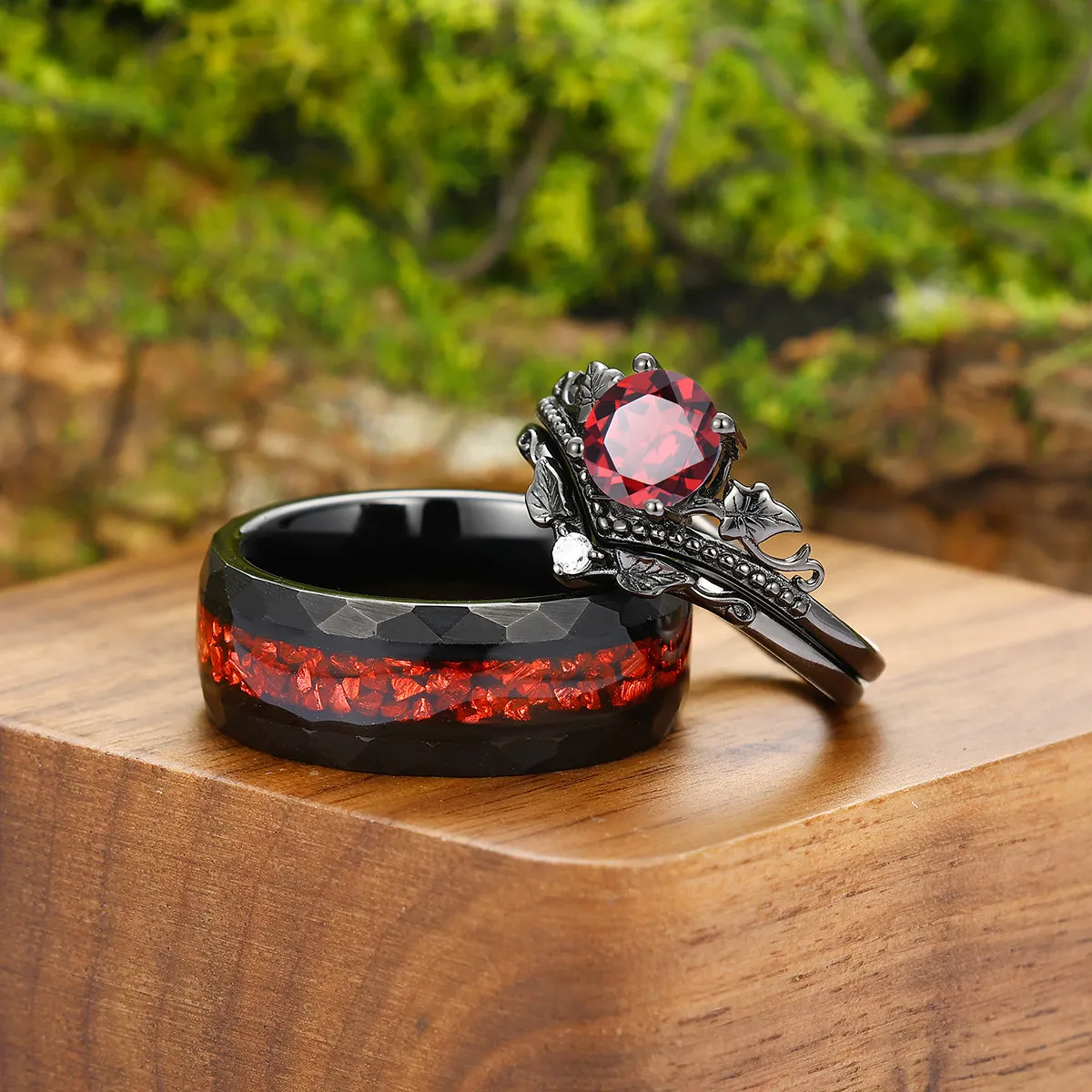 Vintage Red Garnet Maple Leaf Engagement Couple Rings Promise Tungsten Wedding Band Couples' Set