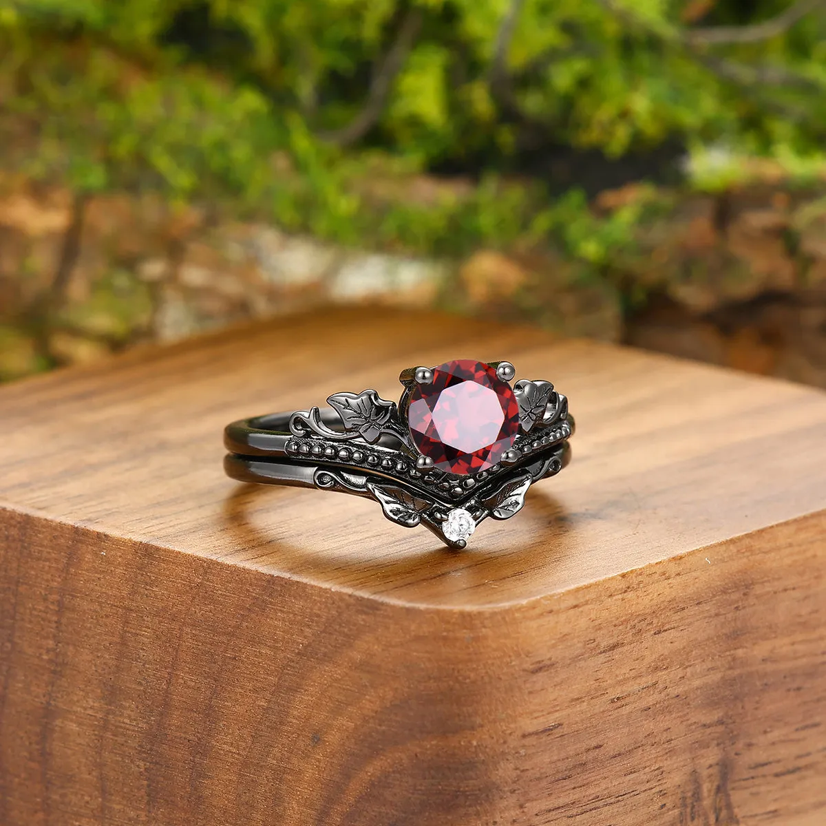 Vintage Red Garnet Maple Leaf Engagement Couple Rings Promise Tungsten Wedding Band Couples' Set
