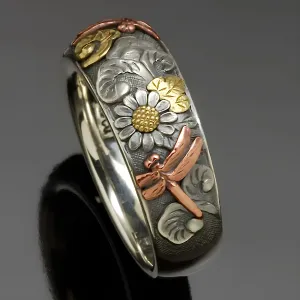 Vintage Silver and Rose Gold Carved Dragonfly Sunflower Ring