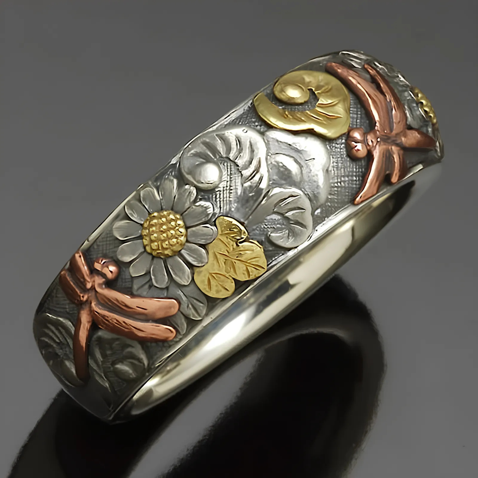 Vintage Silver and Rose Gold Carved Dragonfly Sunflower Ring