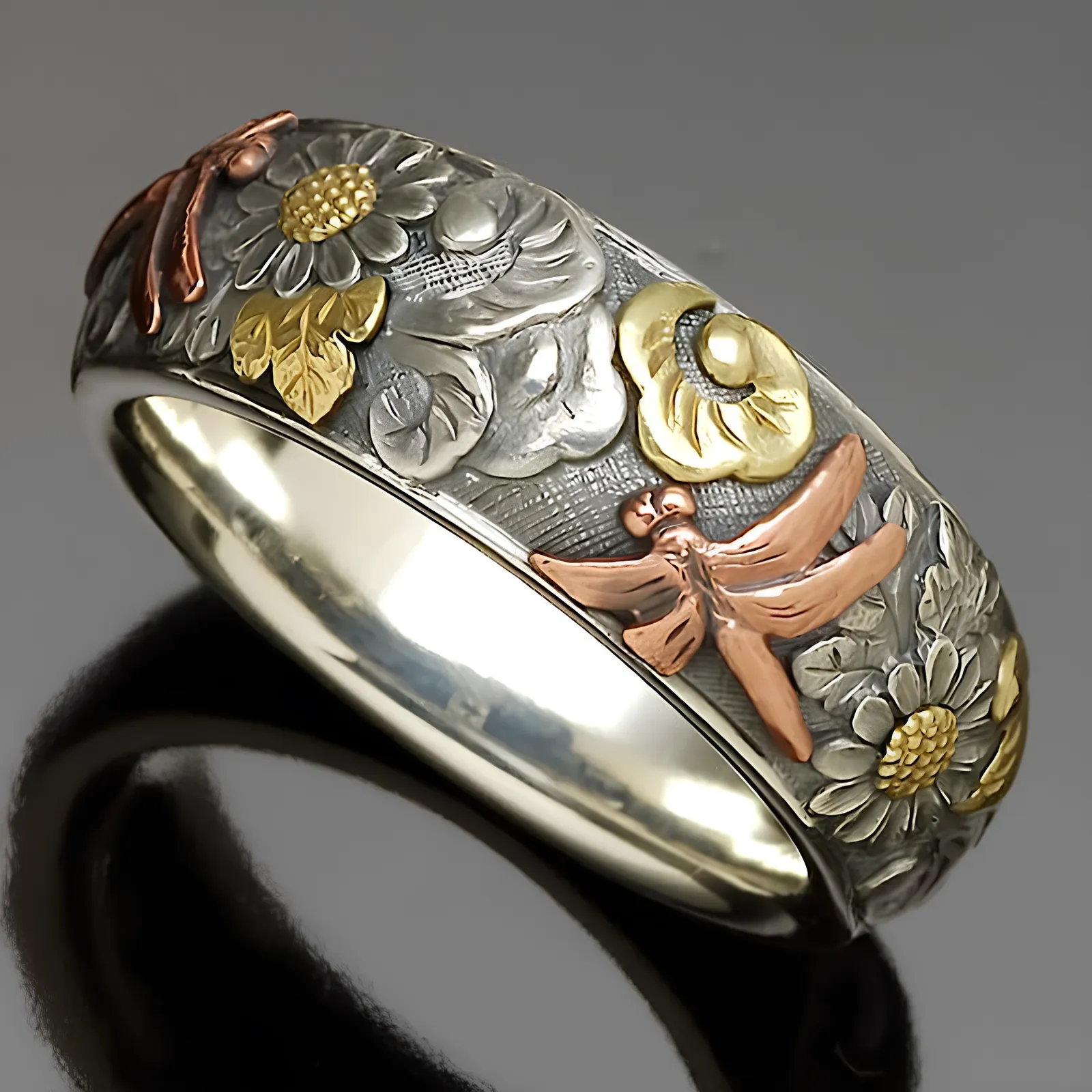 Vintage Silver and Rose Gold Carved Dragonfly Sunflower Ring