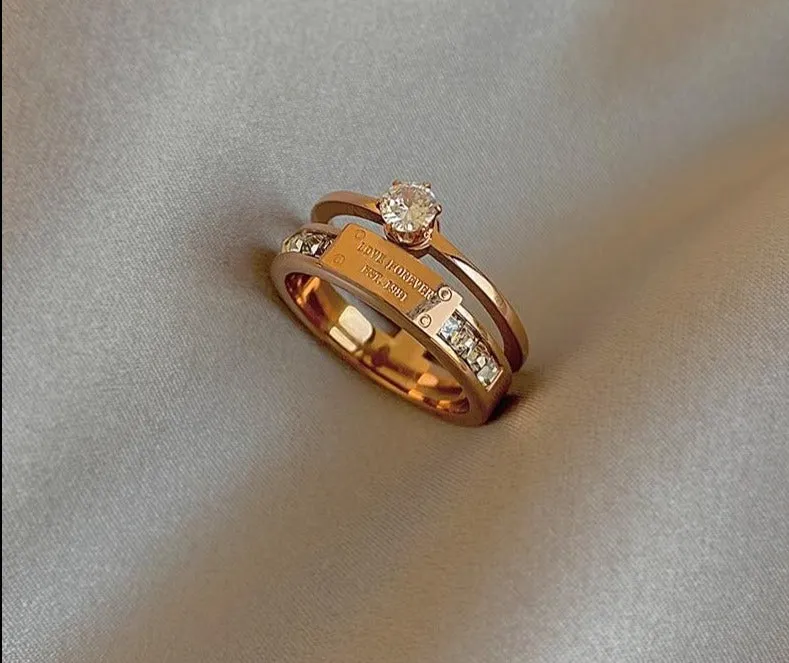 Vintage Titanium Steel Rose Gold Double Letter Ring For Woman Jewelry