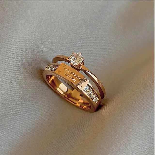 Vintage Titanium Steel Rose Gold Double Letter Ring For Woman Jewelry