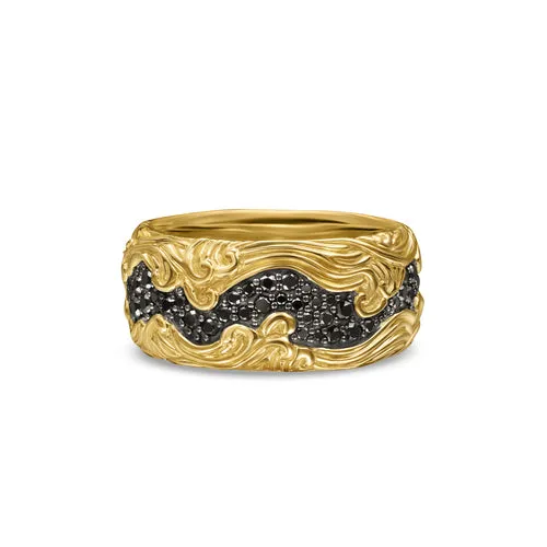 Waves Pavé Band Ring in 18K Yellow Gold with Black Diamonds, 10.5mm, Size 10