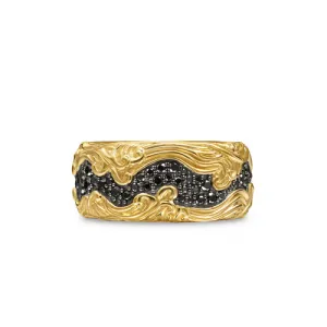 Waves Pavé Band Ring in 18K Yellow Gold with Black Diamonds, 10.5mm, Size 10
