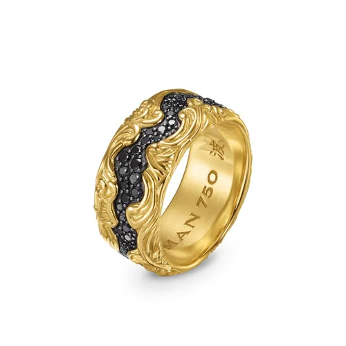 Waves Pavé Band Ring in 18K Yellow Gold with Black Diamonds, 10.5mm, Size 10