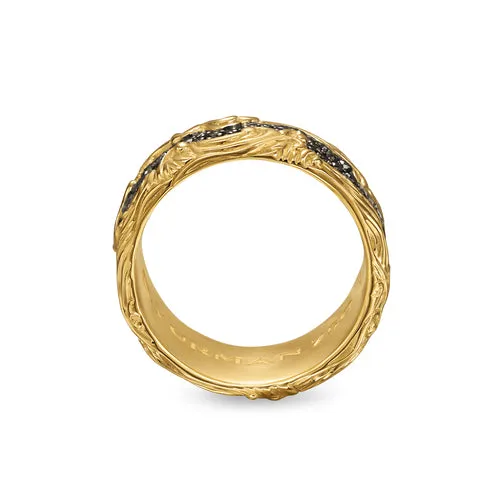 Waves Pavé Band Ring in 18K Yellow Gold with Black Diamonds, 10.5mm, Size 10