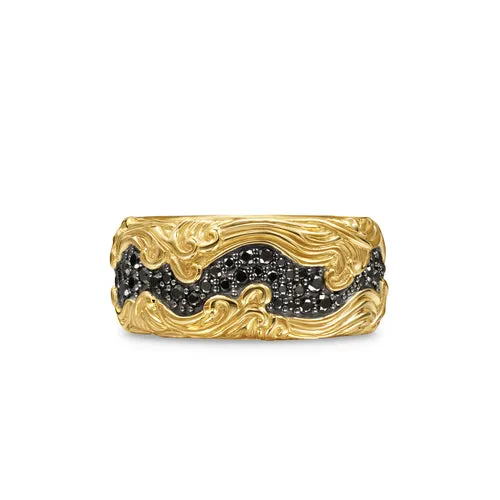 Waves Pavé Band Ring in 18K Yellow Gold with Black Diamonds, 10.5mm, Size 10