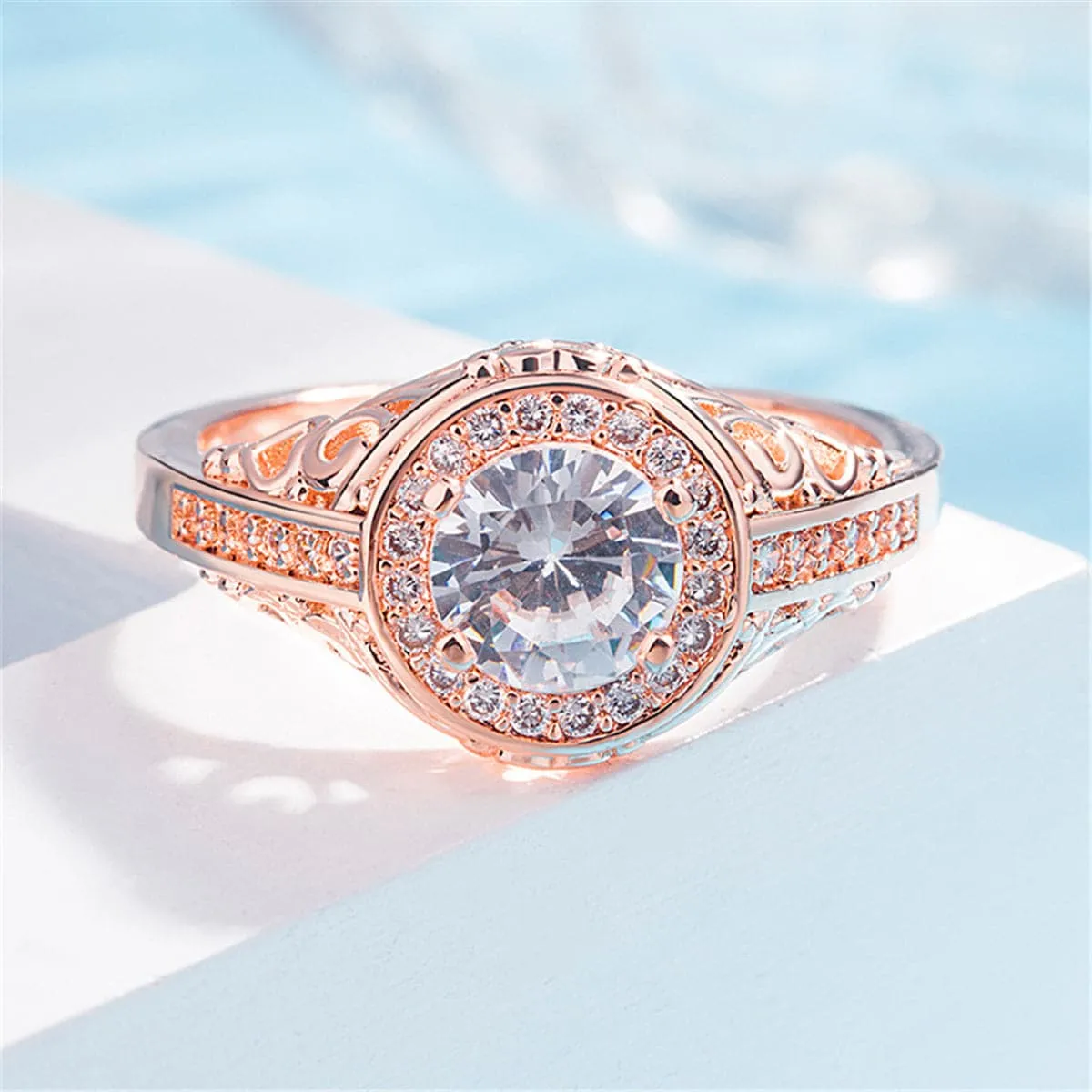 White Round Crystal & 18K Rose Gold-Plated Ring