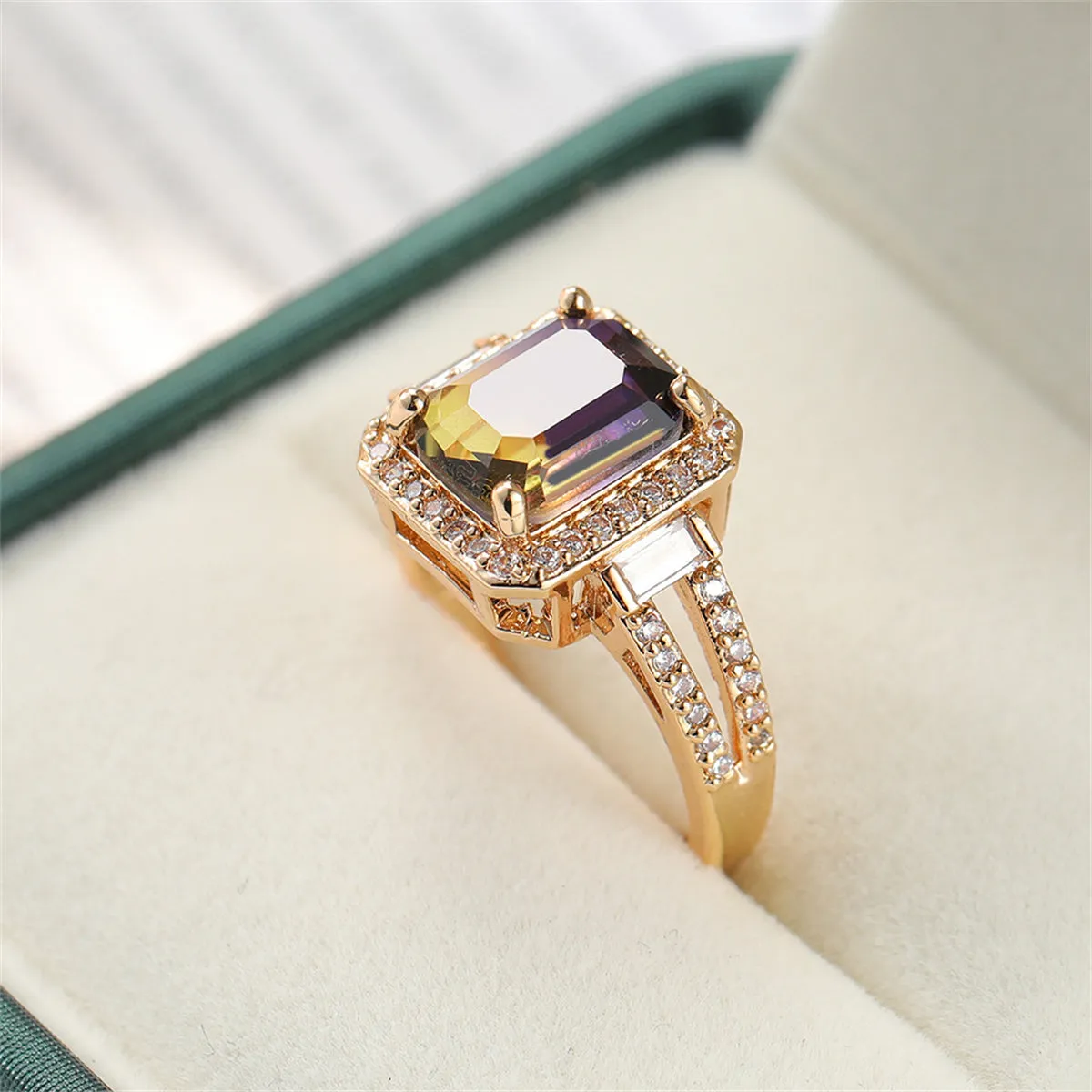 Yellow & Purple Crystal & Cubic Zirconia Princess-Cut Halo Ring