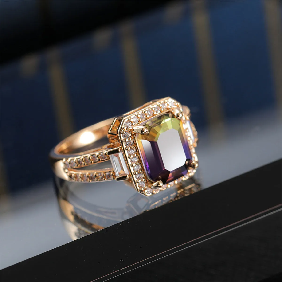 Yellow & Purple Crystal & Cubic Zirconia Princess-Cut Halo Ring