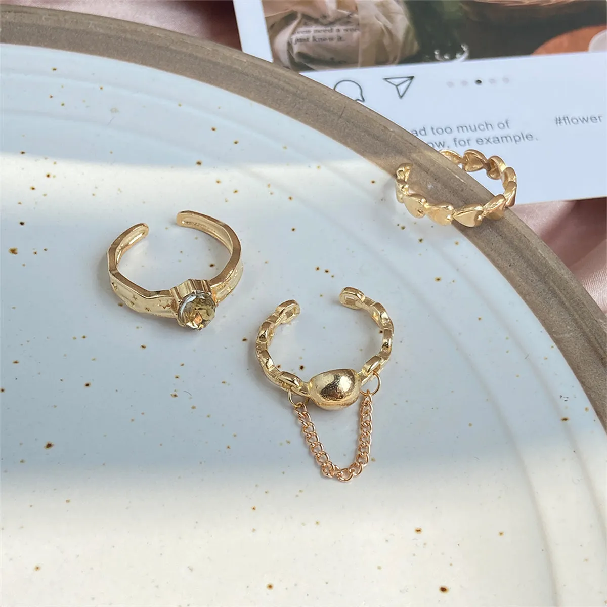 Yellow Crystal & 18K Gold-Plated Oval Bezel Open Ring Set