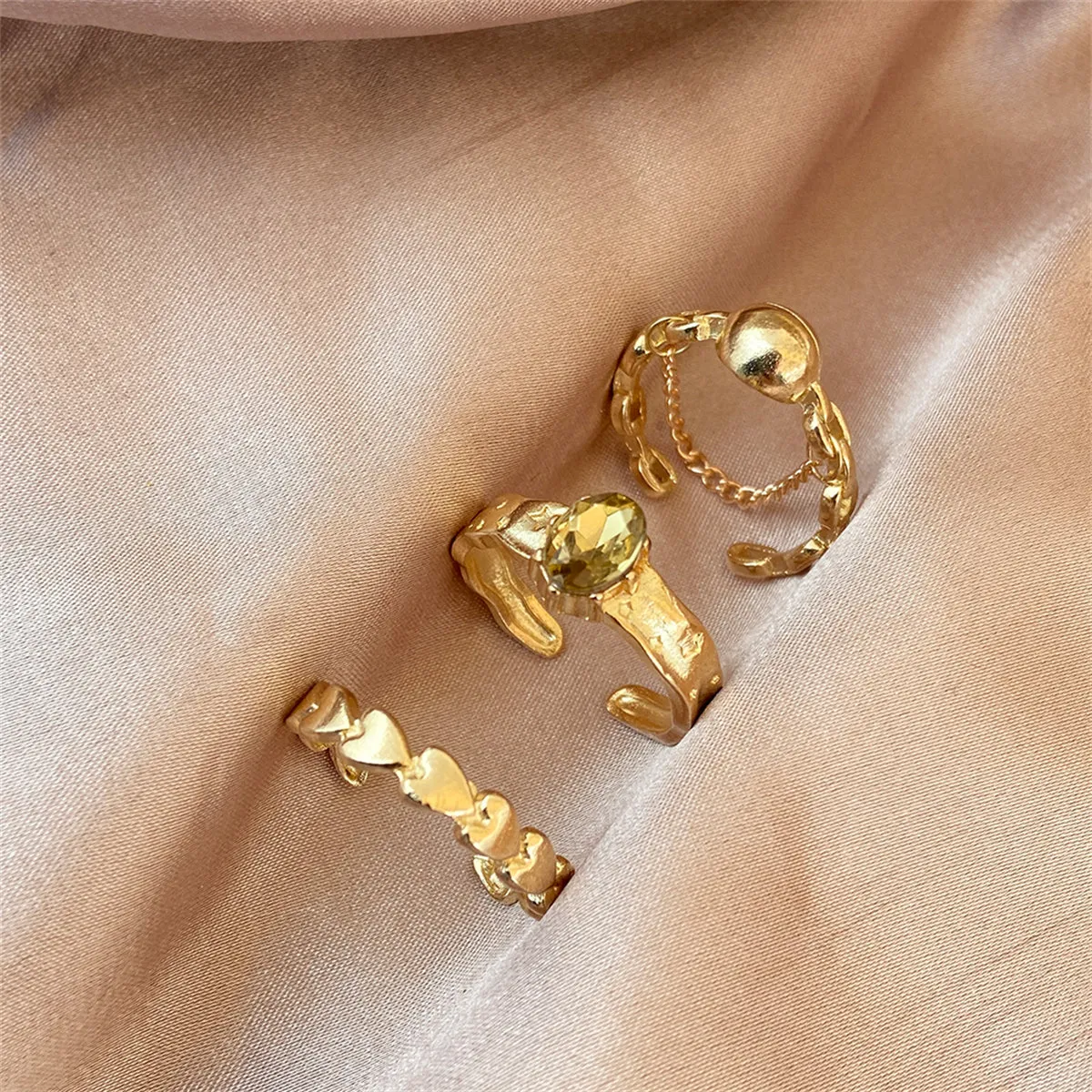 Yellow Crystal & 18K Gold-Plated Oval Bezel Open Ring Set