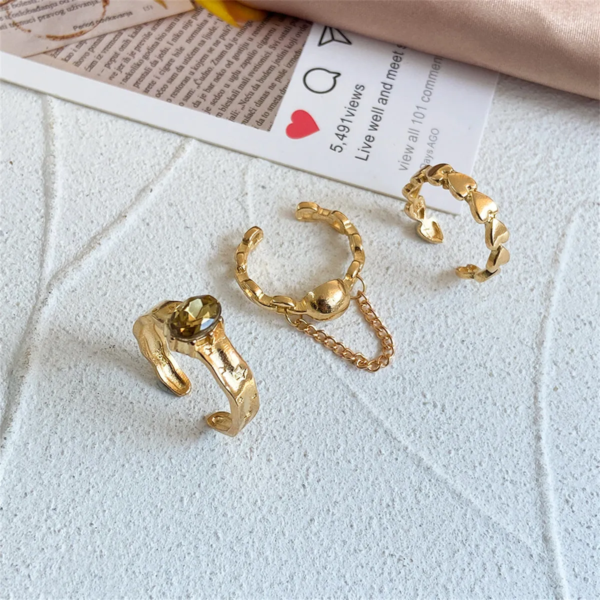 Yellow Crystal & 18K Gold-Plated Oval Bezel Open Ring Set