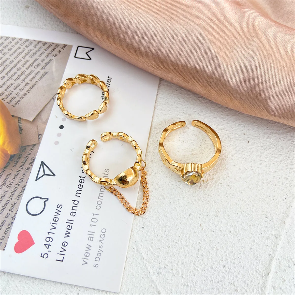Yellow Crystal & 18K Gold-Plated Oval Bezel Open Ring Set