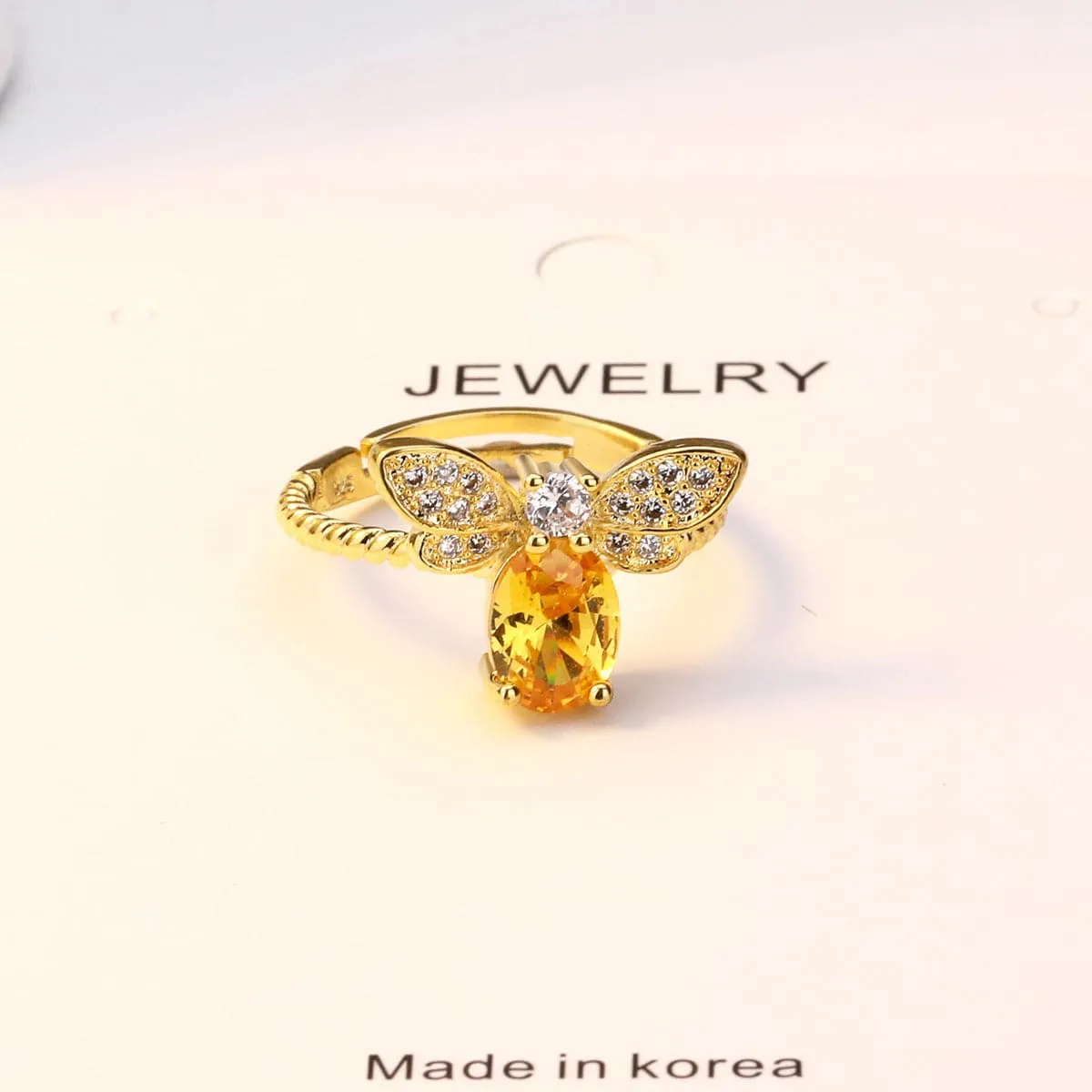 Yellow Crystal & Cubic Zirconia Bee Ring