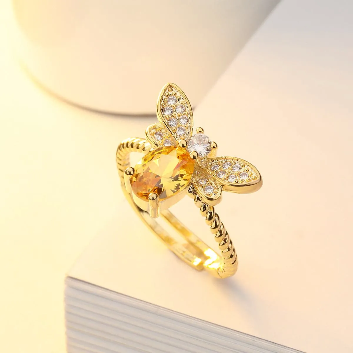 Yellow Crystal & Cubic Zirconia Bee Ring