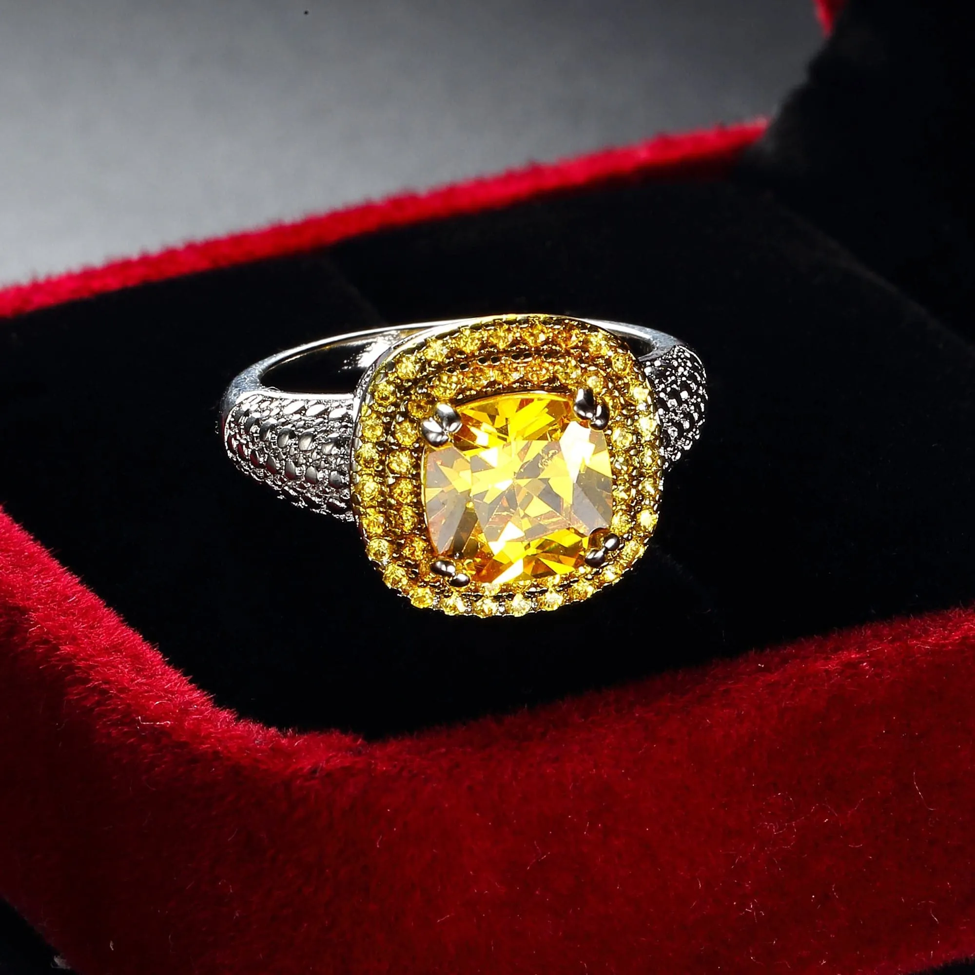 Yellow Crystal & Cubic Zirconia Princess-Cut Halo Ring