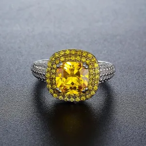Yellow Crystal & Cubic Zirconia Princess-Cut Halo Ring