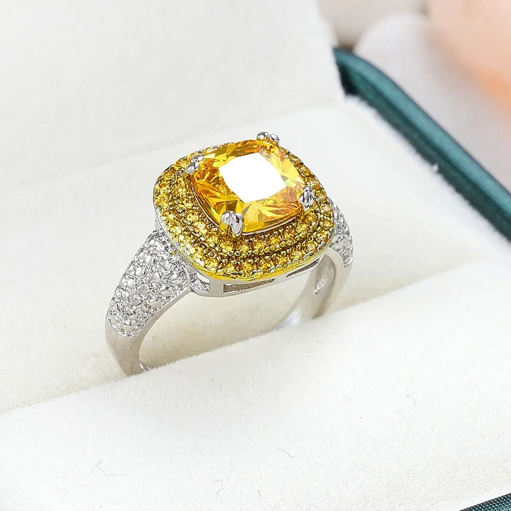 Yellow Crystal & Cubic Zirconia Princess-Cut Halo Ring