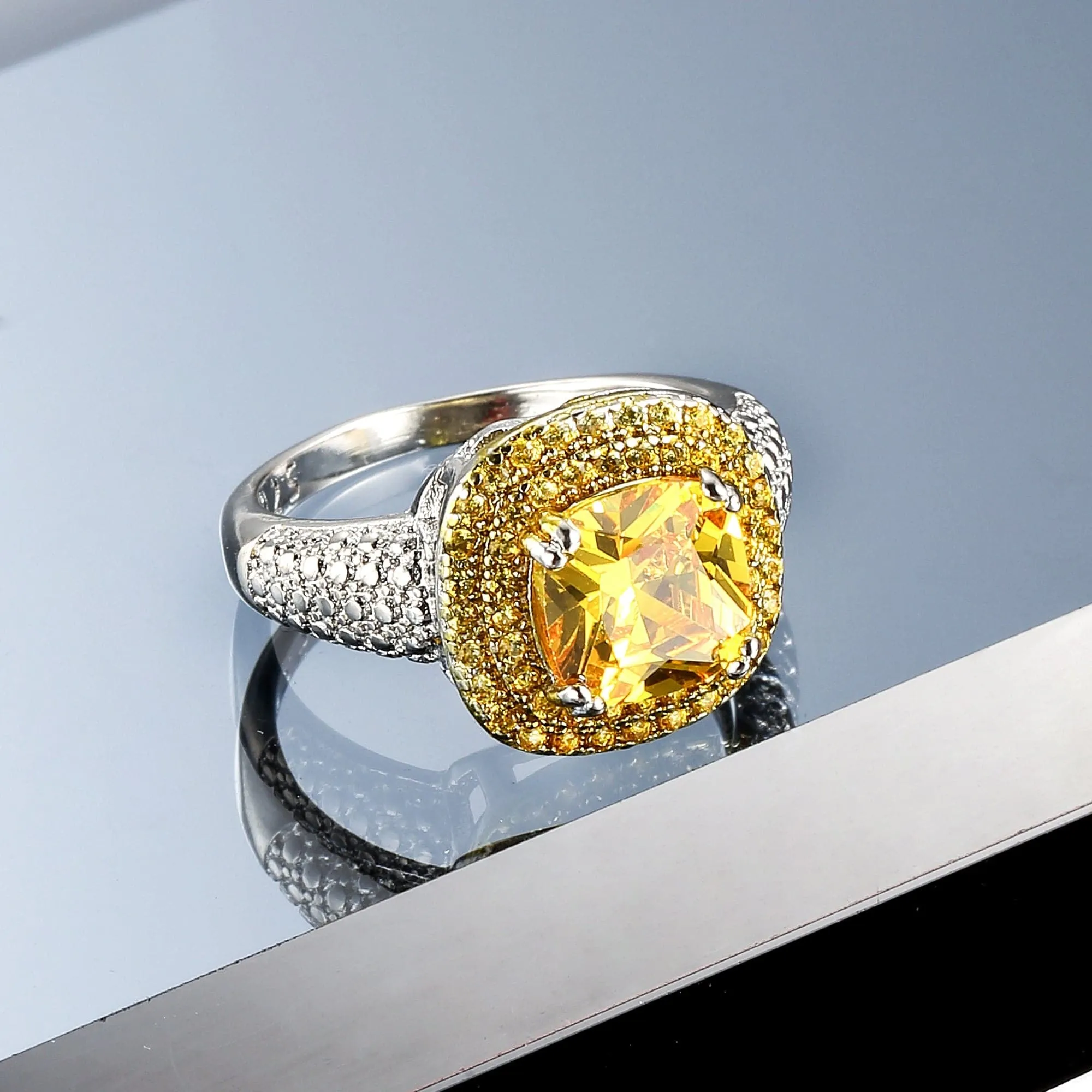 Yellow Crystal & Cubic Zirconia Princess-Cut Halo Ring