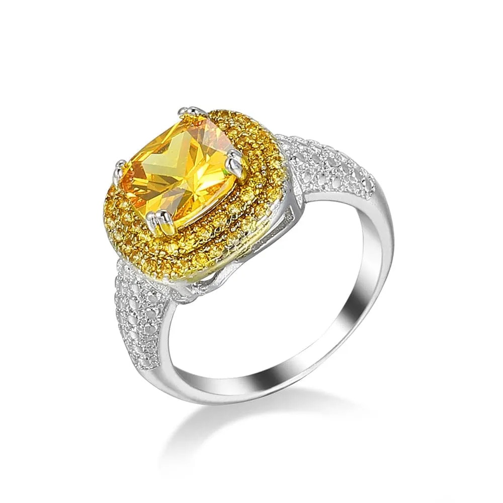 Yellow Crystal & Cubic Zirconia Princess-Cut Halo Ring