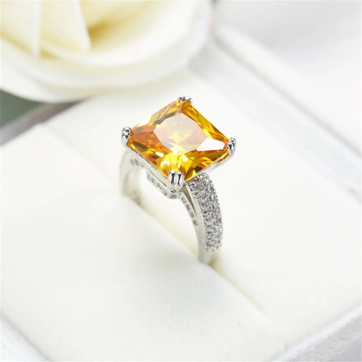 Yellow Crystal & Silver-Plated Princess-Cut Ring