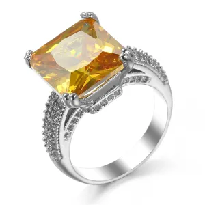 Yellow Crystal & Silver-Plated Princess-Cut Ring